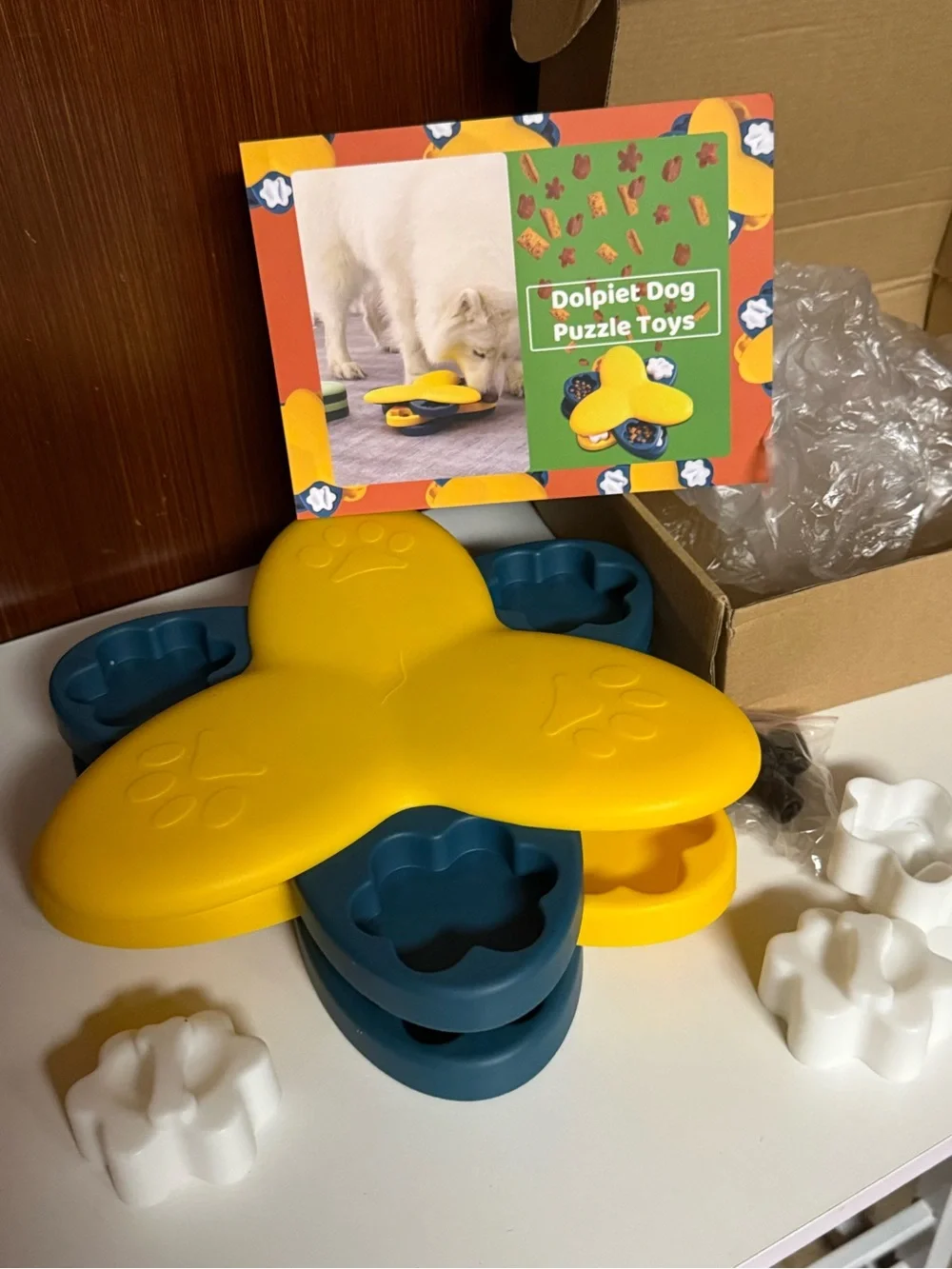 Interactive Yellow and Teal Dog Puzzle Feeder Toy